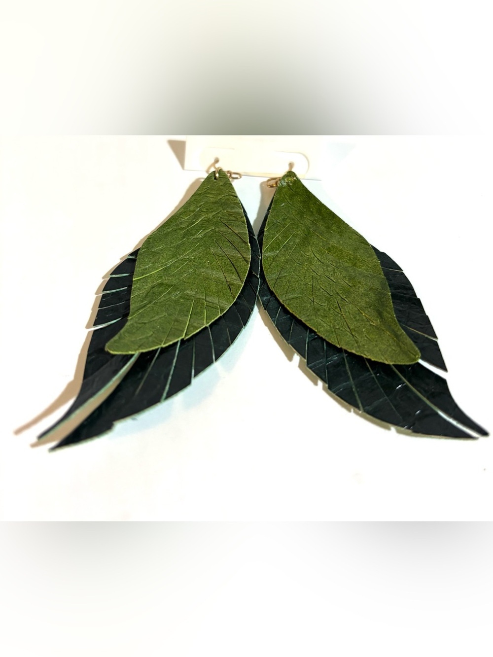 Green Leaf Layered Leather Earrings